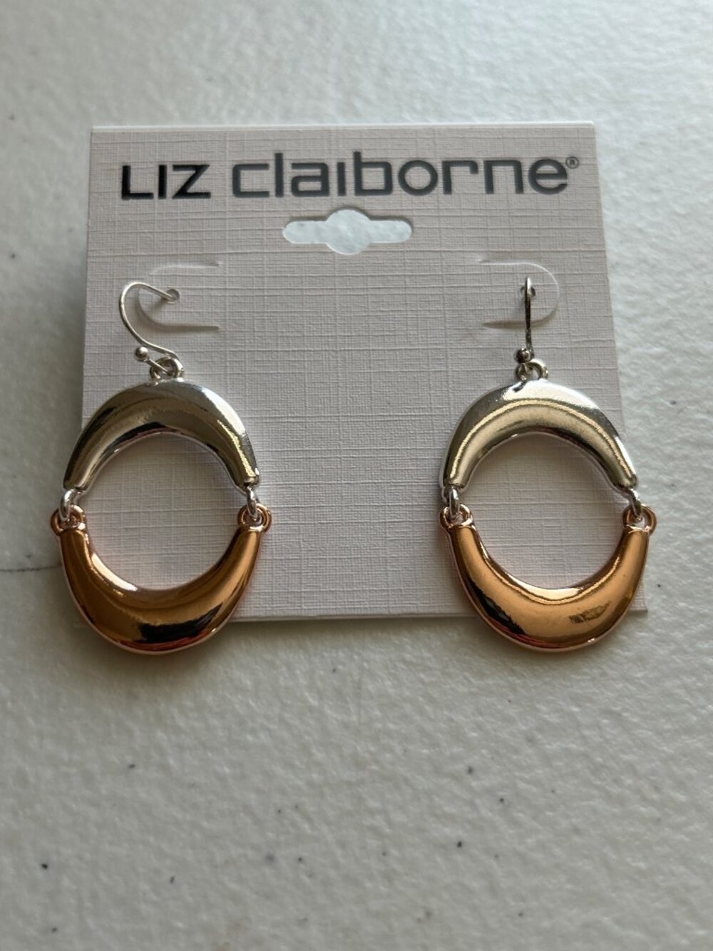 Liz Claiborne Two-Tone Silver Rose Gold Crescent Drop Earrings New
